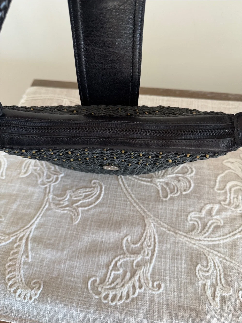 Brighton Black Woven Shoulder Bag with Brown Flap and Silver Heart Accent